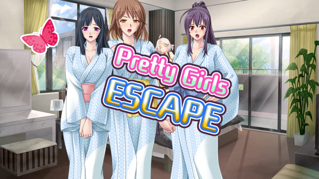 Diorama-Modus in Pretty Girls Escape PLUS: Vier Mädchen, von denen drei dasselbe Outfit tragen. Aufschrift mit Spieletitel.