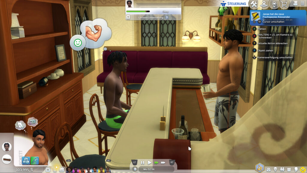 Block auf die Bar, an der zwei Sims sind, und weitere neue Möbel.