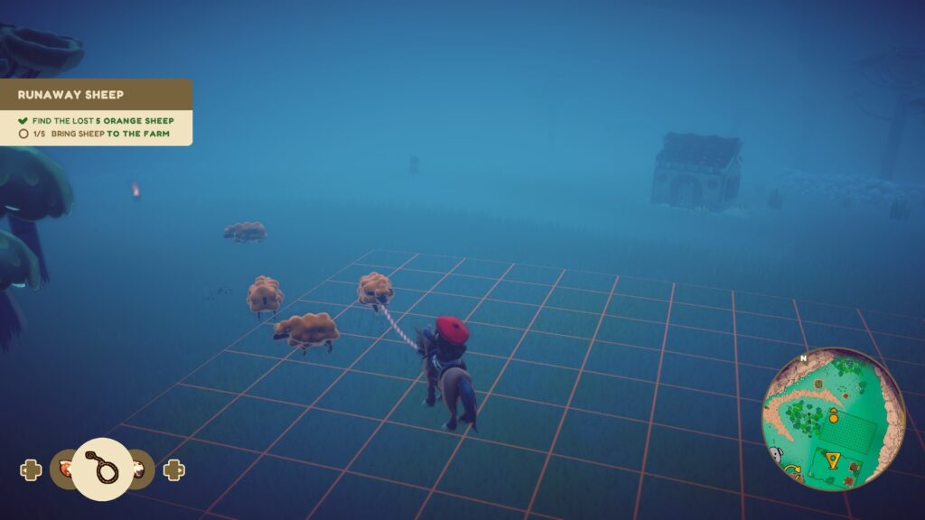 Screenshot von Gaucho and the Grassland. Die Umgebung ist neblig, Gaucha auf dem Pferd hat ein braunes Schaf mit dem Lasso gefangen und hält das Seil.