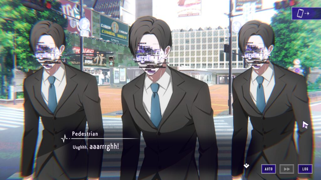 Fußgänger in Noise Scramble City mit Glitcheffekten anstelle von Gesichtern, die "Uughhh, aaarrrrghh!" sagen.