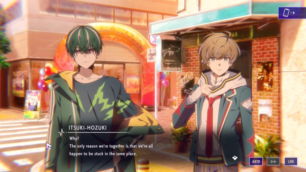 Screenshot aus Type-NOISE: Itsuki: "Why? The only reason we're together is that we're all happen to be stuck in the same place."