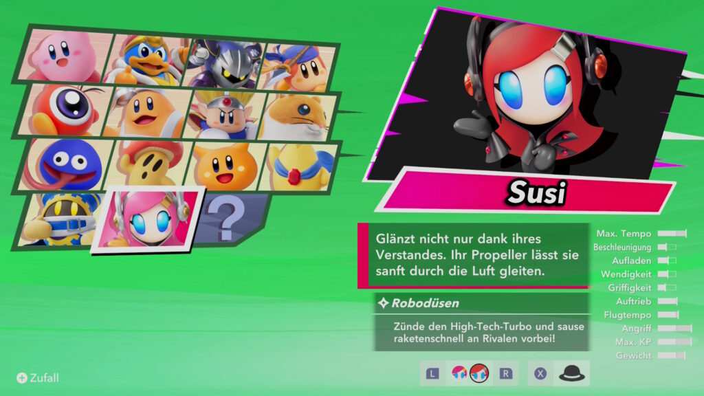 Charakterauswahlbildschirm im Global Test Ride. Susi ist in alternativer Farbe ausgewählt.