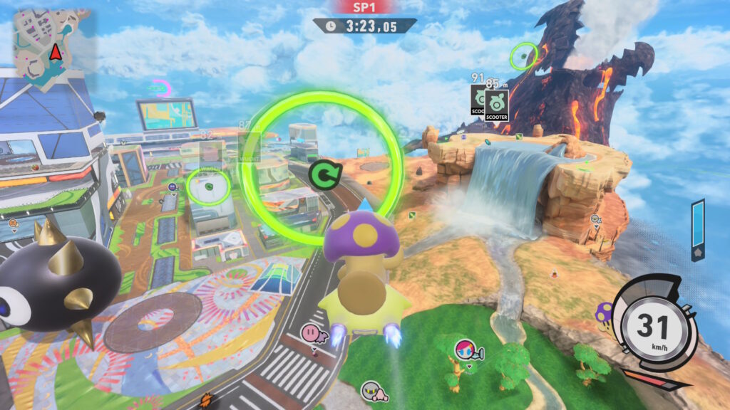 Spielfigur fliegt mit dem Warpstern und lenkt auf einen schwebenden Kreis zu.