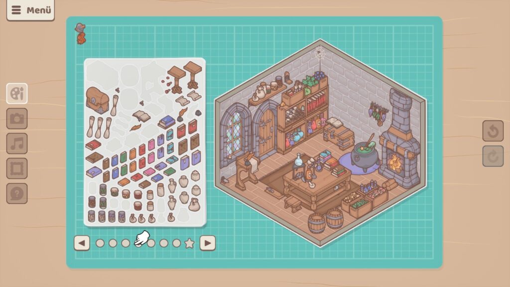 Screenshot Little Corners. Ein kleiner Raum mit Kamin, Hexenkessel und allerlei Büchern, Schriftrollen und Krimskrams auf Regalen, dem Tisch und in Kisten auf dem Boden.