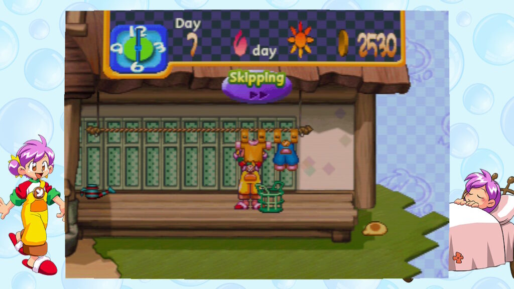 Milano hängt Wäsche auf. Neben der Veranda ist ein unförmiger Blob, die Katze.