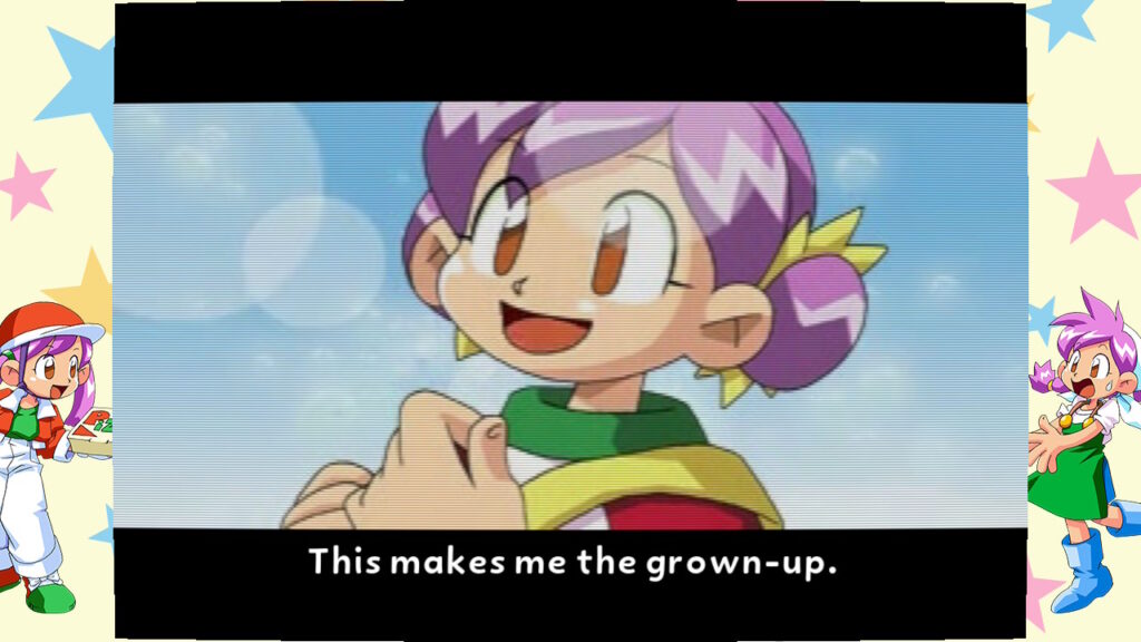 Screenshot Milano's Odd Job Collection. Milano im Introvideo in der Nahaufnahme: "This makes me the grown-up."