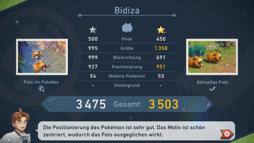 Screenshot aus New Pokémon Snap. Darstellung des Bewertungsbildschirmes zweier Bidiza-Fotografien mit Punktzahlen für einzelne Kategorien und Kommentar von Prof. Mirror darunter.