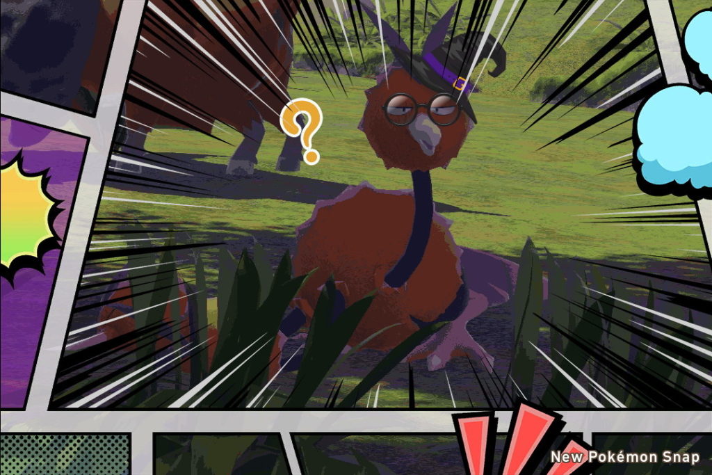 Screenshot aus New Pokémon Snap. Fotografie eines Dodri, welches mit einem Comicrahmen umfasst und Stempeln zusätzlich ergänzt wurde.