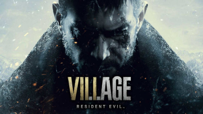 Promobild Resident Evil Village. Ein im Dunkeln schwach ausgeleuchtetes Gesicht eines Mannes bei leichtem Schneefall, darunter überlagert von Logo von Resident Evil Village.