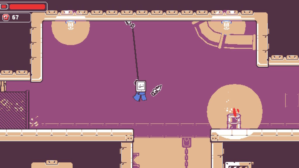 Screenshot aus Kunai. Raum mit Tabby im Zentrum, der an einem Seil an der Decke hängt und über einen Abgrund schwingt.