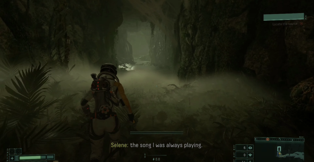 Screenshot aus Returnal vom Beginn von Biom 4. Selene folgt einem dunklen, überwucherten Gang. Im Untertitel steht "Selene: the song I was always playing."