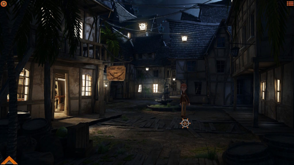 Screenshot aus Willy Morgan. Darstellung des zentralen Brunnenplatzes in der Nacht, direkt vor dem Dead Man Inn.