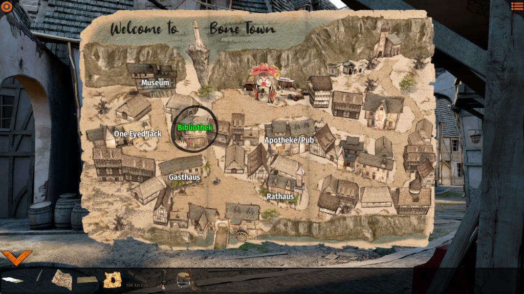 Screenshot. Darstellung der spielinternen Karte von Bone Town