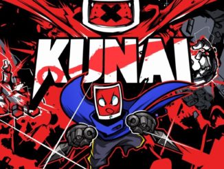 Artwork des Action-Platformers Kunai mit Protagonist Tabby im Vordergrund unter dem Titelschriftzug. Im Hintergrund sieht man RUinen sowie eine rote, bedrohlich gezeichnete Robotoergestalt.