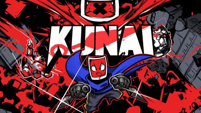 Artwork des Action-Platformers Kunai mit Protagonist Tabby im Vordergrund unter dem Titelschriftzug. Im Hintergrund sieht man RUinen sowie eine rote, bedrohlich gezeichnete Robotoergestalt.
