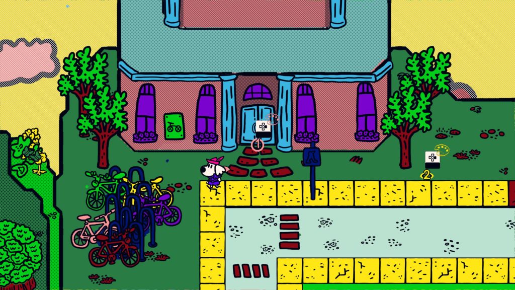 Screenshot. Komplett ausgemalte Darstellung eines Hauses an einer Straßenkurve mit Fahrradständern an der linken Seite.