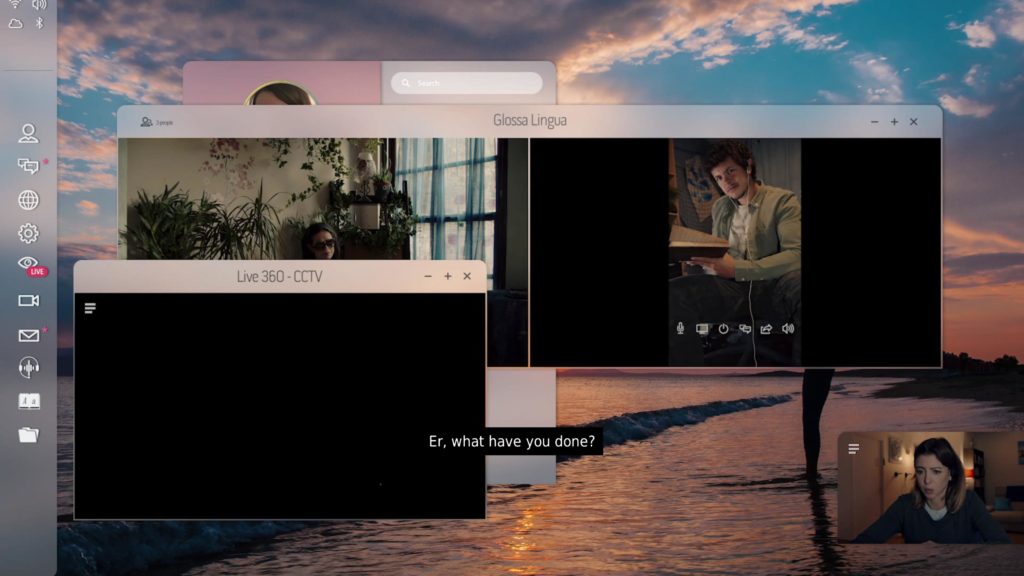 Screenshot aus Night Book. Darstellung der Benutzeroberfläche des Betriebssystems mit vier verschiedenen offenen Fenstern, in denen sich die Charaktere befinden.