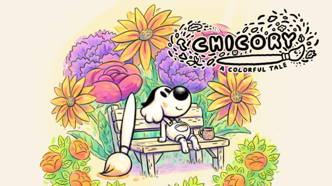 Artwork zum Spiel Chicory: A Colorful Tale. Unterhalb des Logos befindet sich eine Sitzbank mit dem Hundeprotagonisten drauf sitzend und einem großen Pinsel links angelehnt. Der Hund sieht glücklich aus.