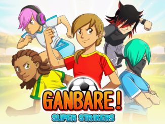 Titelartwork von Ganbare! Super Strikers mit Logo unten mittig und fünf Charakteren aus dem Spiel dahinter vor einem Hintergrund, bestehend aus dem Innenraum eines Fußballstadions.