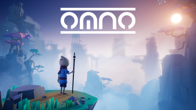 titelbild_omno Titelartwork zum Spiel Omno mit Logo oben und Hauptfigur unten an einer Klippe vor einem großen Panorama der Welt stehend.