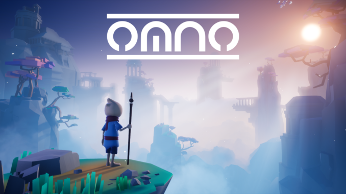 Titelartwork zum Spiel Omno mit Logo oben und Hauptfigur unten an einer Klippe vor einem großen Panorama der Welt stehend.