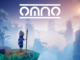 Titelartwork zum Spiel Omno mit Logo oben und Hauptfigur unten an einer Klippe vor einem großen Panorama der Welt stehend.