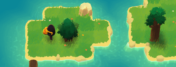 Bewegtbild aus dem Spiel. Wir sehen die Spielfigur, die einen Baum fällt, anschließend zu einem Felsen nach oben rollt und dann den Stamm nach rechts schiebt und als Pfad zwischen den Inseln nutzt.