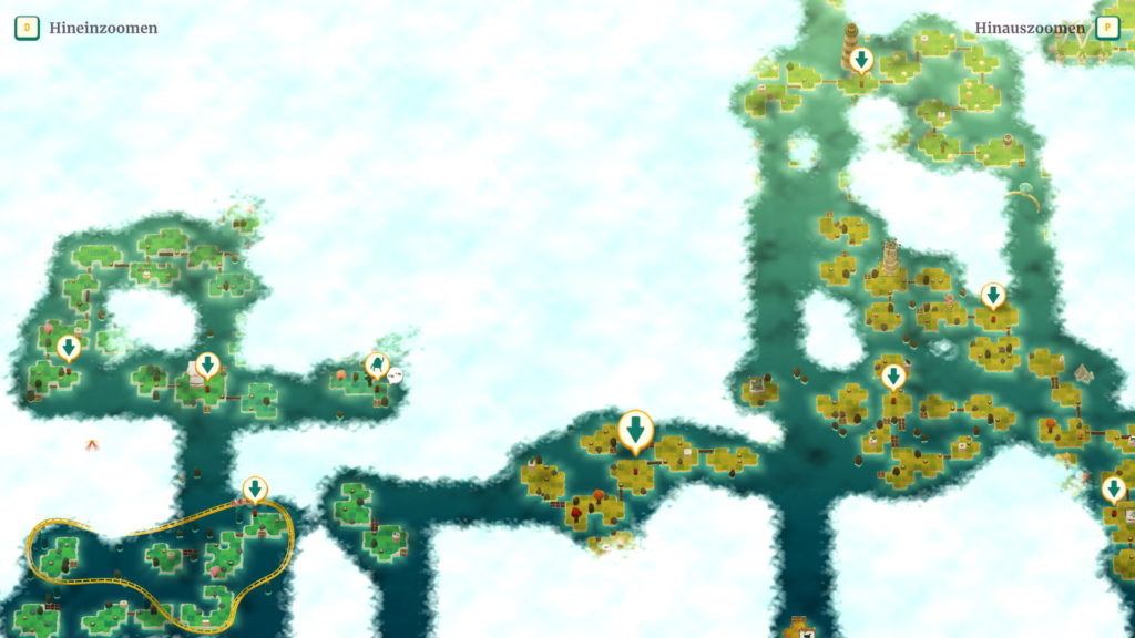 Screenshot einer beispielhaften Übersichtskarte aus dem Spiel. Nicht besuchte Inseln befinden sich unter einer weißen Nebelschicht.