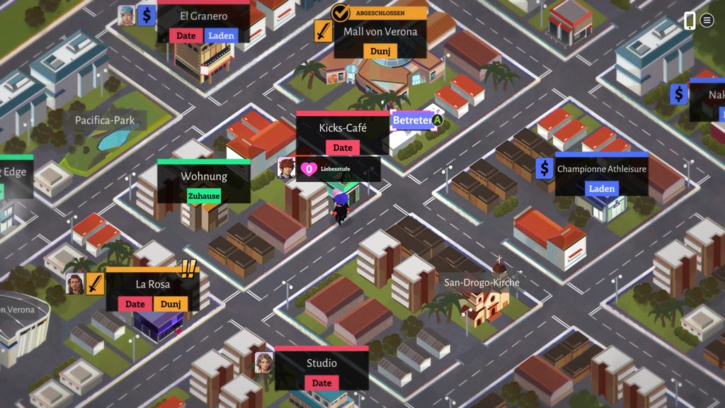 Screenshot der Oberwelt. Straßenkarte aus der isometrischen Vogelperspektive mit etlichen schwarzen Balken über den Gebäuden, die den Namen und Zweck der jeweiligen Location beinhalten.