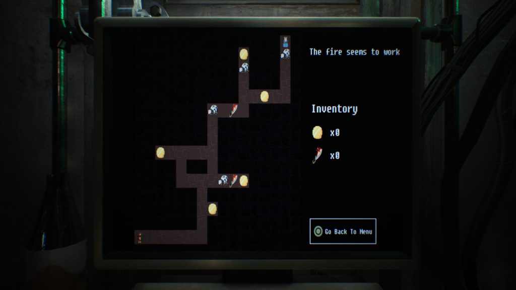Screenshot eines Levels aus WIth Fire and Swords: Spiders. Links sieht man das Ganglabyrinth, rechts daneben das Inventar für Münzen und Schwerter sowie den Titel »The fire seems to work«. Unten rechts sieht man die EInblendung der Kreistaste mit der Beschriftung »Go Back To Menu«.