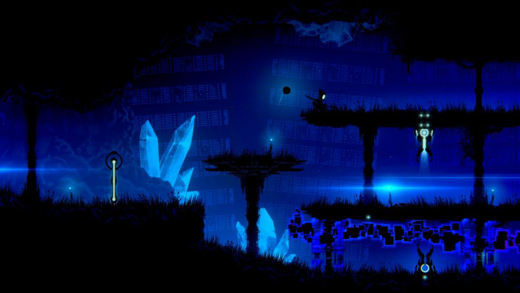 Screenshot einer Darstellung eines speziellen Rätsels. Hintergrund ist in blaues Licht getaucht, auf einer unteren Ebene sieht man eine schwarz pulsierende Barrikade aus Zero Light.
