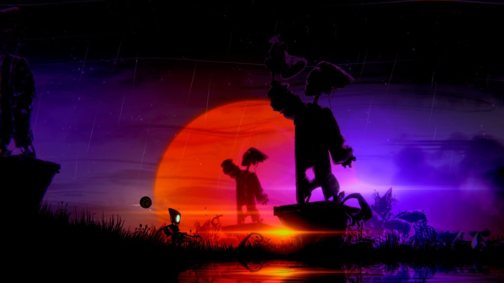 Screenshot aus Vesper. Darstellung eines Panorama vor einem Sonnenuntergangs. Links befindet sich der Protagonist des Spiels, rechts eine Statue eines Roboters. Der Hintergrund ist in orangefarbenen und blauen Tönen getaucht.