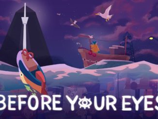 Artwork Before Your Eyes. Logo unten. Grafik zeigt ein Gewässer mit einem kleinen SPielzeugschiff links und dem Schiff des Fährmanns rechts. Im Hintergrund ragt ein schwarzer Turm über die Szenerie.