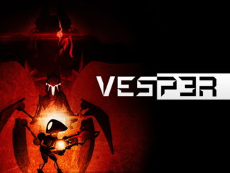 Artwork zu Vesper. Rechts mittig befindet sich das weiße Logo auf schwarzem Hintergrund. Links steht unten der Protagonist Seven, in dessen Hintergrund sieht man die Umrisse einer großen bedrohlichen Monstrosität.