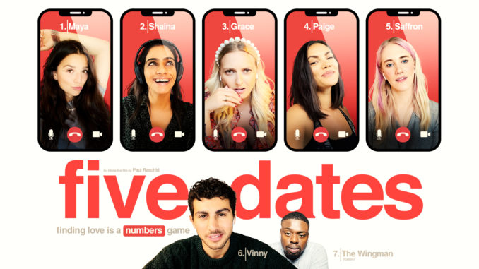 Artwork zu Five Dates. Fünf Frauen sind oben jeweils auf dem Bildschirm eines SMartphones nebeneinander zu sehen. Unten befindet sich der Hauptcharakter vor dem Logo als Hintergrund sowie einem weiteren männlichen Charakter.