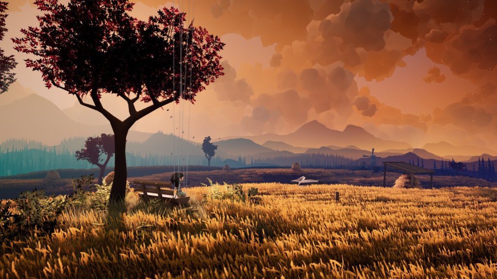 Screenshot aus A Juggler's Tale. Es ist ein Kornfeld zu sehen unterhalb eines mit Wolken bedeckten Himmels. Links befindet sich im Vordergrund ein Baum, unter dem sich eine Sitzbank befindet. Auf dieser sitzt die Spielfigur Abby mit Blick auf den Horizont im Hintergrund.