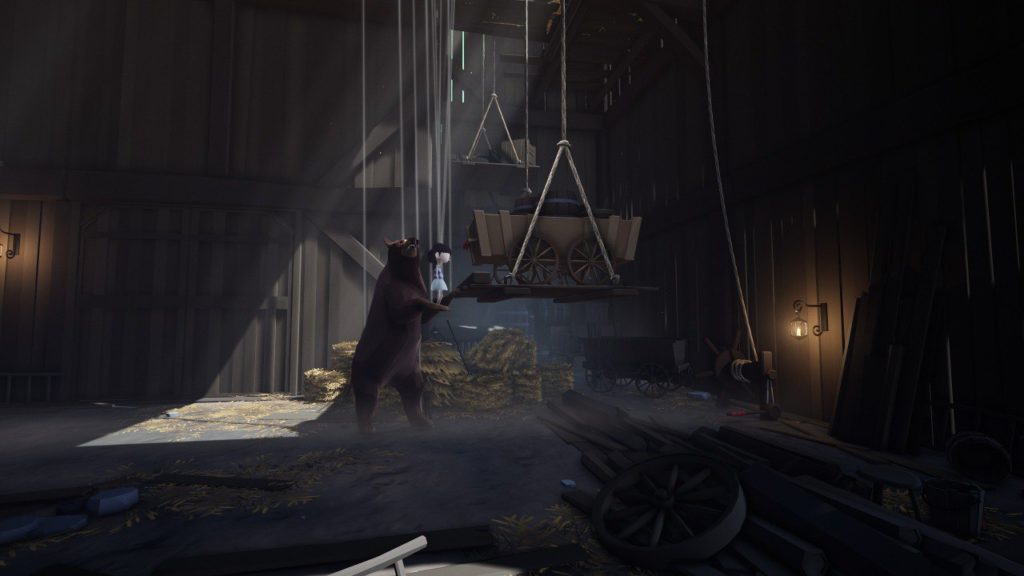 Screenshot. Darstellung des Innenraumes einer Scheune. Im Mittelpunkt steht ein Bär, der die Spielfigur Abby auf einen höhergelegenen Lastenaufzug hilft.