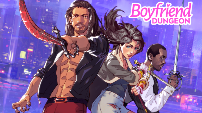 titelbild_boyfriend-dungeon Titelbild zu Boyfriend Dungeon mit Logo rechts oben sowie drei Charakteren darunter.
