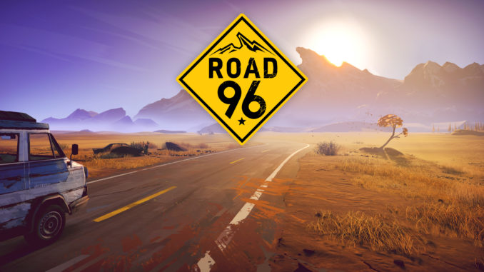Titelbild zu ROad 96 mit Logo in der Mitte über einer Straße inmitten einer Wüste.