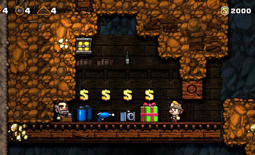 Screenshot aus Spelunky. Darstellung eines Shops im Level "Minen".