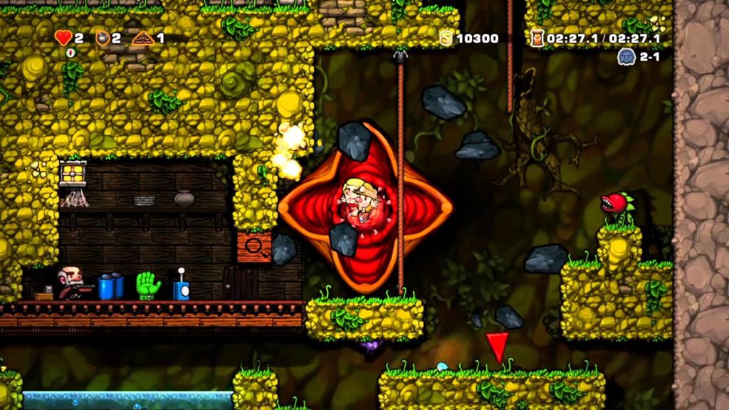 Screenshot. Darstellung aus dem Level "Dschungel" mit Shop links. Ein großes Maul frisst unseren Helden sowie dessen Damsel.