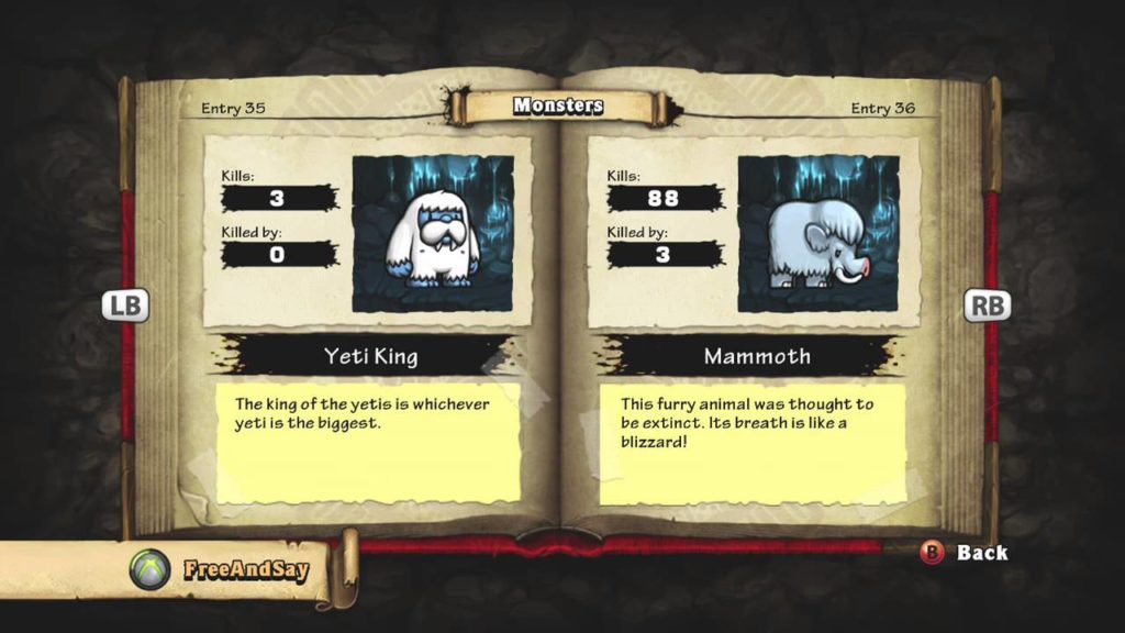 Screenshot aus Spelunky. Darstellung einer Doppelseite aus dem Tagebuch des Spiels in der Kategorie Monster