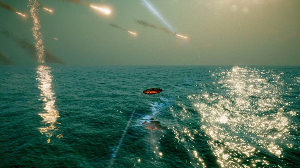 Screenshot aus Exo One. Fluggerät fliegt gerade über eine spiegelnde Meeresoberfläche. Im Hintergrund fallen Kometen vom Himmel.