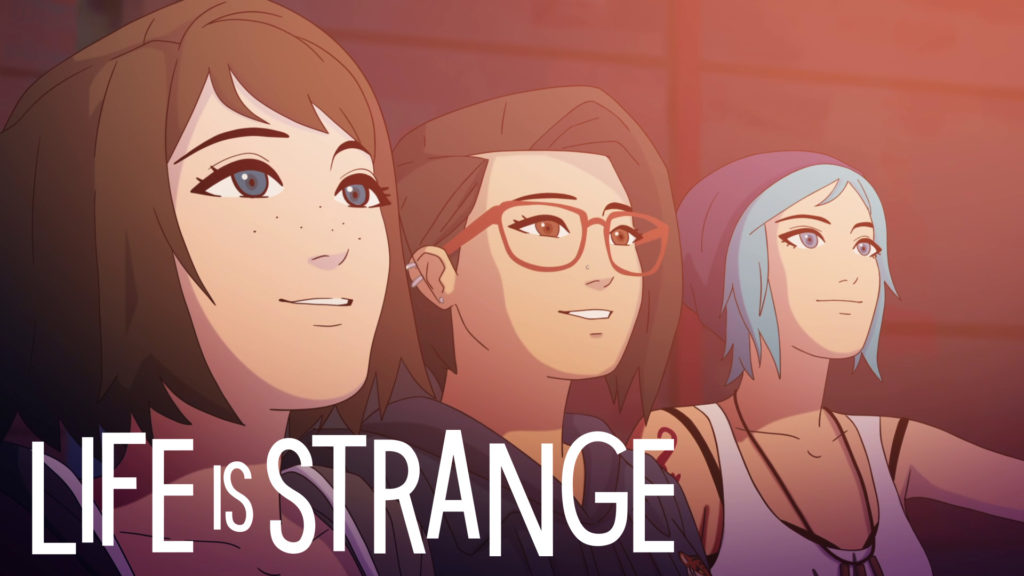 Artwork Life Is Strange (Logo links unten) mit den drei Charakteren Max, Alex und Chloe (von links) in Comicstil.