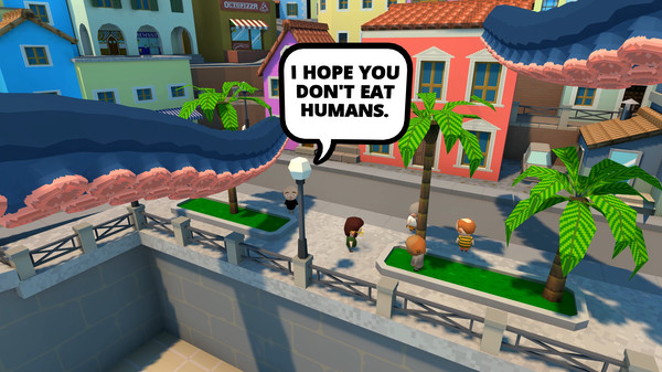 Screenshot aus Tentacular. An einem Straßenrand steht eine Person, die zu uns aufschaut und sagt "I hope you don't eat humans."