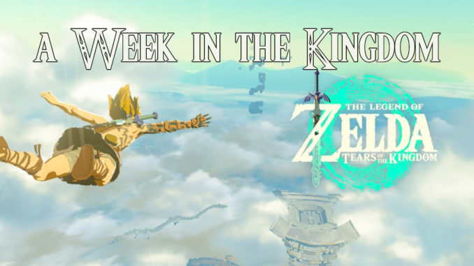 Screenshot von The Legend of Zelda: Tears of the Kingdom. Der Held Link fällt mit ausgebreiteten Amen durch die Wolken, rechts von ihm befindet sich das Logo des Spiels. Darüber der Schriftzug "A Week in the Kingdom"