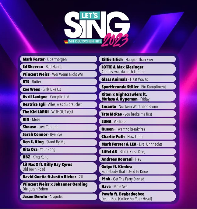 Screenshot der Songliste aus Let's Sing 2023