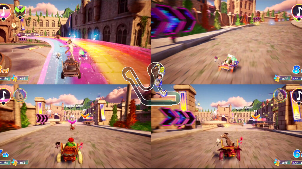 Screenshot des Vier-Spieler-Splitscreens aus DreamWorks All-Star Kart-Racing