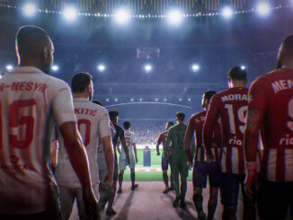 Screenshot zu EA Sports FC 24. Spieler zweier Mannschaften stehen im Spielertunnel eines Stadions, mit dem Fußballfeld im Hintergrund hell erleuchtet.
