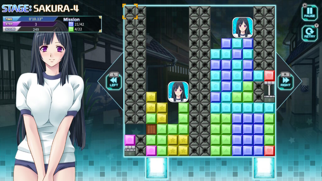 Screenshot von Pretty Girls Escape PLUS: Ein Level mit zwei Mädchen-Blöcken, die in ein Loch unten links befördert werden wollen.
